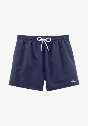 Marineblaue Badeshorts mit elastischem Bund und weißem Kordelzug, mit kleinem "Venice Beach"-Logo unten links.