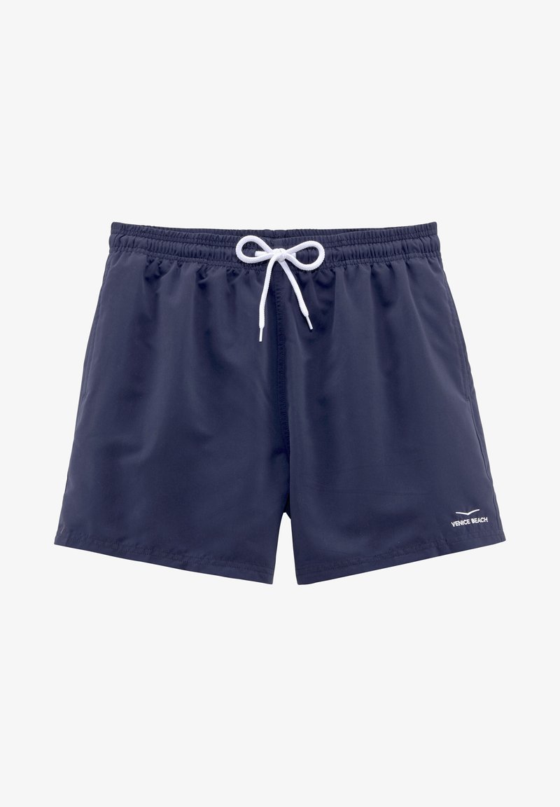 Marineblaue Badeshorts mit elastischem Bund und weißem Kordelzug, mit kleinem "Venice Beach"-Logo unten links.