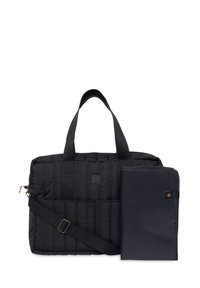 Zwarte gewatteerde handtas met dubbele handvatten en een afneembare schouderriem. Inclusief een bijpassende map met drukknoopsluiting. Glad, duurzaam materiaal.