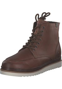 Braune Leder-Stiefeletten mit runder Zehenpartie, kontrastierenden Nähten und texturiertem Obermaterial. Verfügt über Metallösen, braune Schnürsenkel und eine weiße Gummisohle.