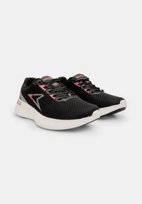 Black athletic shoes made of mesh material with pink accents. Features a textured upper, white sole, and laces for secure fitting.