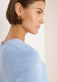 Helles blaugraues gestricktes Sweatshirt mit einem gerippten Design an den Schultern, mit Rundhalsausschnitt und glatter Textur. Der Hintergrund ist neutral.