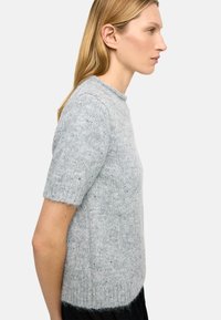Szary sweter z krótkim rękawem, okrągłym dekoltem, o strukturalnym splocie z wielokolorowymi drobinkami na całej powierzchni. Dolna krawędź lekko zaokrąglona.