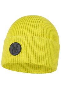 Štrikovaná čiapka v jasne žltej farbe s rebrovanou textúrou. Na prednej strane sa nachádza čierny kruhový nášivka s logom "MARIKOO".