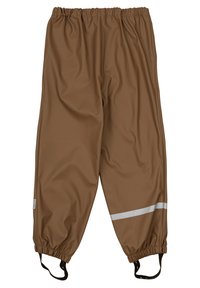 Pantaloni impermeabili marroni con vita e polsini elasticizzati, caratterizzati da una striscia riflettente vicino al fondo. Cinghie regolabili attaccate.