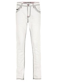 Weiße Jeans mit schwarzem Nähten, slim fit, Fünf-Taschen-Design und einem Frontknopfverschluss. Glatte Textur mit sichtbaren Nähten.