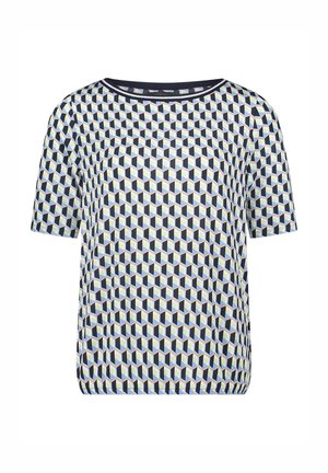 Haut à manches courtes en tissu doux présentant un motif géométrique 3D de cubes en bleu marine, bleu clair et crème, avec un col rond.