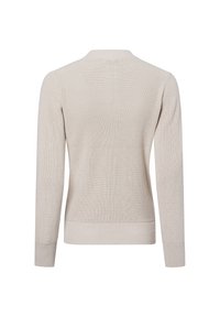 Hellbeige gestrickter Pullover mit langen Ärmeln, gerippten Bündchen und Saum sowie einem schlichten Rundhalsdesign. Strukturierte Stoffdetails im gesamten Kleidungsstück.
