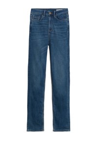 Jeans de denim en azul oscuro con un corte regular, talle medio, cinco bolsillos y costuras en contraste. Textura suave con un ligero desgaste.