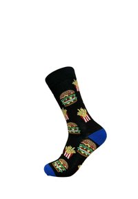 Svarta bomullssockor med upprepade mönster av hamburgare och pommes frites, med blå accenter vid hälen och tån.