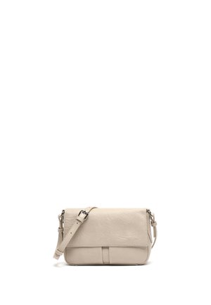 Sac bandoulière en cuir beige avec sangle réglable et fermoir à rabat, texture lisse, forme rectangulaire, design minimaliste.