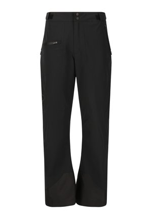 Schwarze Outdoor-Hose mit verstärktem unteren Beinen, seitlichen Reißverschlusstaschen, Knopfverschluss und verstellbaren Taillenringen.