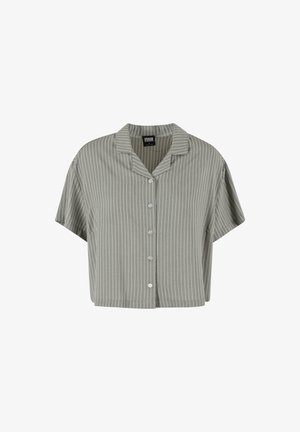 Zkrácená košile na knoflíky ve světlé zelené s bílými vertikálními pruhy, s uvolněným střihem, krátkými rukávy a límečkem.