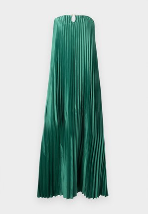 Strapless emerald green pleated satin evening gown with a small circular cutout and button closure at the neckline.