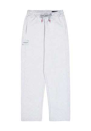 Hellgraue Sweatpants mit einem Kordelzugbund, seitlichen Taschen und einem Etikett am linken Oberschenkel. Glatte Textur, gerade Beinform.