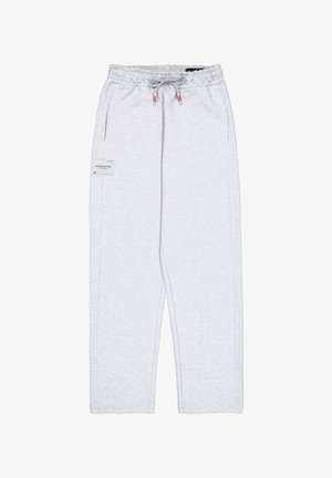 Hellgraue Sweatpants mit einem Kordelzugbund, seitlichen Taschen und einem Etikett am linken Oberschenkel. Glatte Textur, gerade Beinform.