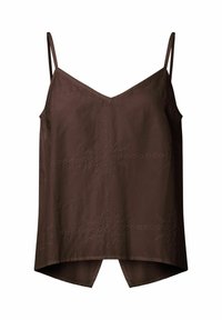 Camisole marron sans manches à col en V avec fines bretelles et motifs floraux brodés subtils, avec un ourlet pointu.