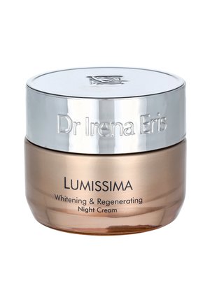 Dr Irena Eris Lumissima Nachtcreme im Tiegel mit silbernem Deckel, gekennzeichnet als aufhellendes und regenerierendes Hautpflegeprodukt.