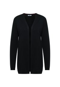 Zwarte cardigan met een V-hals, lange mouwen en een open voorkant. Gemaakt van zachte stof met een gladde textuur.