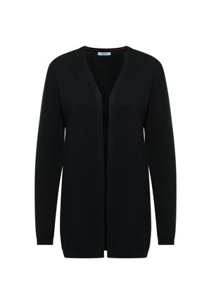 Cardigan noir avec un décolleté en V, des manches longues et une conception à ouverture sur le devant. Fabriqué en tissu doux avec une texture lisse.