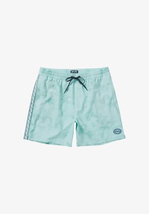 Hellgrüne Badeshorts mit einer Kordel, seitlichen Musterakzenten und einem kleinen Logopatch am unteren rechten Bein. Glatte Textur.