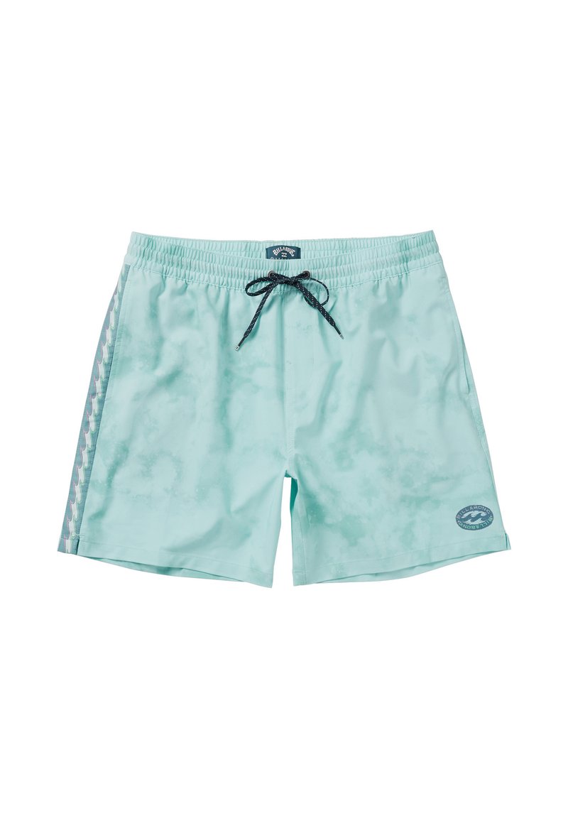 Costume da bagno verde chiaro con coulisse, accenti di design laterali e una piccola patch con logo sulla parte inferiore della gamba destra. Texture liscia.