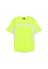 Neon żółta koszulka sportowa z krótkim rękawem, z białymi poziomymi paskami, okrągłym dekoltem i logo na górnej części klatki piersiowej.