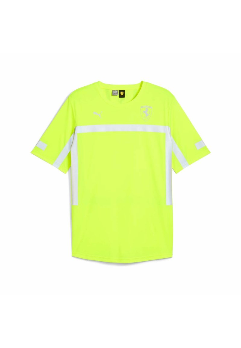 Neon żółta koszulka sportowa z krótkim rękawem, z białymi poziomymi paskami, okrągłym dekoltem i logo na górnej części klatki piersiowej.