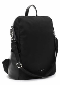 Black backpack with a mix of nylon and leather. Features a top handle, adjustable strap, silver zipper, and a small logo accent.