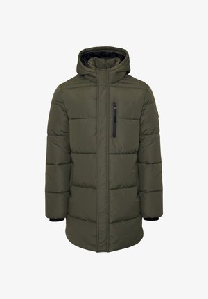 Green padded jacket with a hood, zippered chest pocket, ribbed cuffs, and a smooth fabric texture. Features horizontal stitching.
