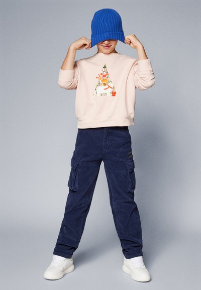 Felpa rosa chiaro con grafica di un albero, abbinata a pantaloni cargo in corduroy blu navy e sneakers bianche. Il modello indossa un berretto di lana blu.