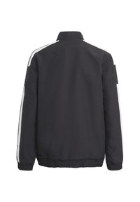 Schwarze Bomberjacke mit weißen seitlichen Streifen, elastischen Bündchen und Saum. Glatte Textur, Stehkragen und minimalistisches Design.