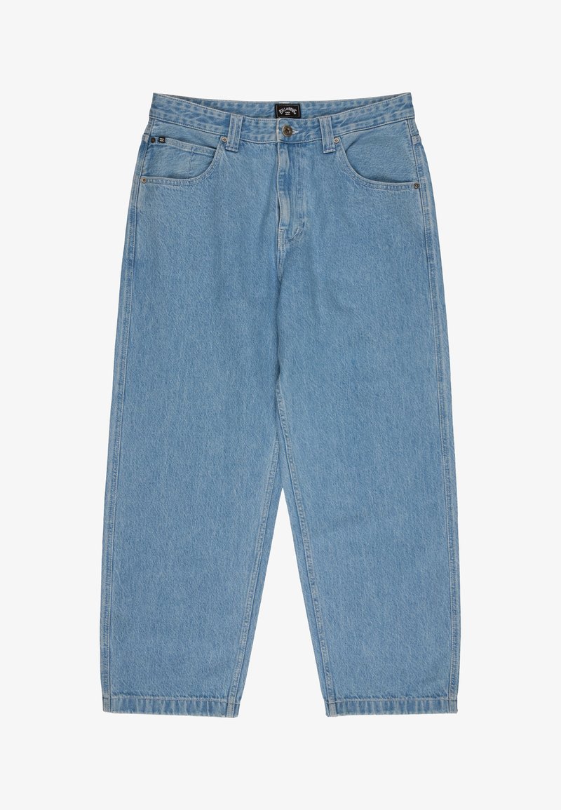 Lyseblå dongeribukser med avslappet passform, som har fem lommer, knappelukking og subtil falming i stoffets tekstur.