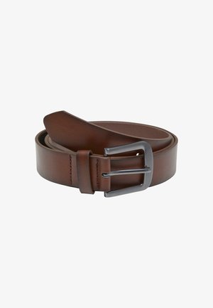 Brown leather belt with a smooth texture, featuring a silver-tone metal buckle and subtle stitching detail along the edges.
