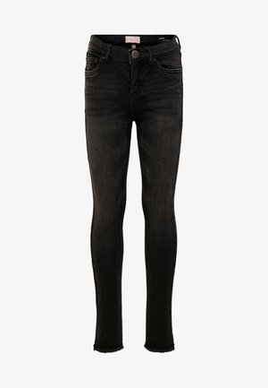 Tynne jeans i mørk svart denim. Har fem lommer, knappelukking og slitt kant. Jevn tekstur med svak falming.