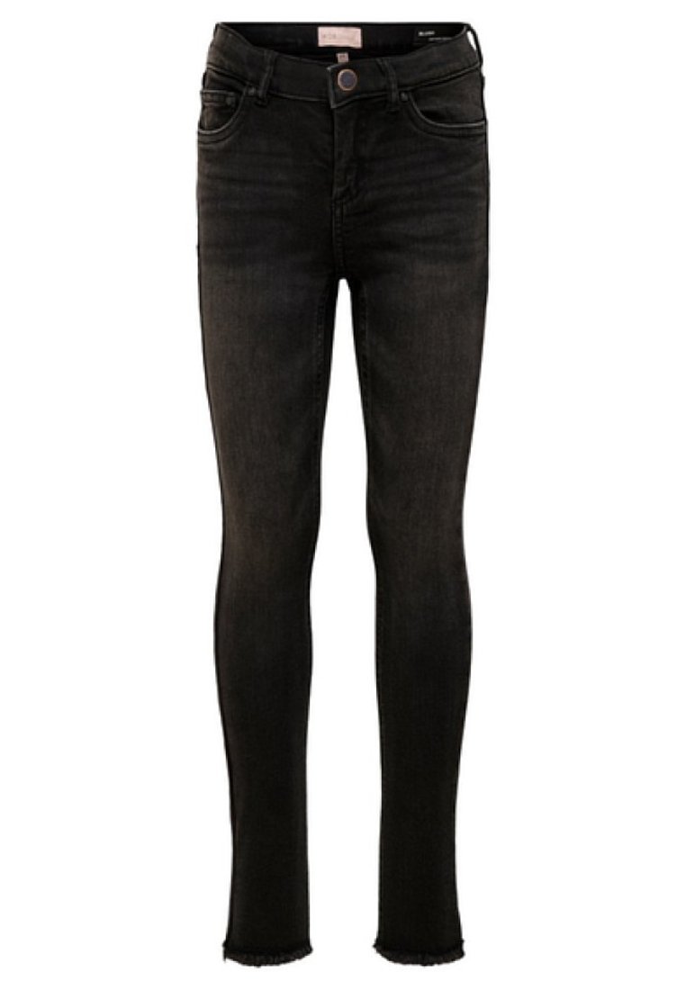 Tynne jeans i mørk svart denim. Har fem lommer, knappelukking og slitt kant. Jevn tekstur med svak falming.