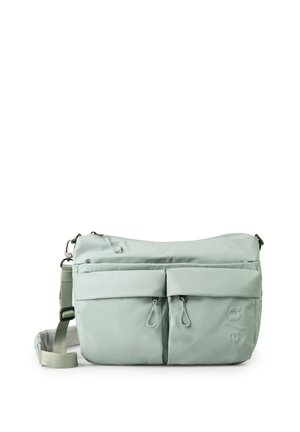 Lichtgroene crossbodytas met verstelbare riem, twee voorvakken met rits en geperst "a/u" logo rechtsonder.
