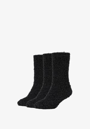 Three pairs of fluffy black socks made from soft material, featuring a textured, fuzzy design and a mid-calf length.