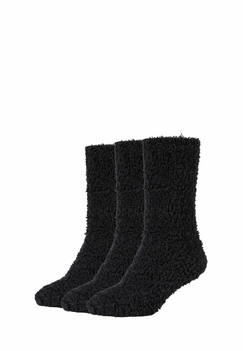 Drei Paar flauschige schwarze Socken aus weichem Material, mit einem strukturierten, fuzzy Design und in mittellanger Länge bis zur Wade.
