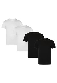 Set of four t-shirts: two white and two black. Each has a round neck, short sleeves, and a smooth, plain fabric texture.