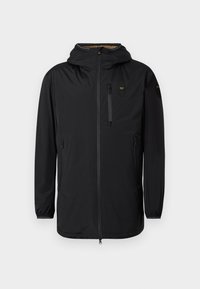 Schwarze wasserdichte Jacke mit Kapuze, Frontreißverschluss, Brusttasche und elastischen Bündchen. Glatte Textur, minimalistisches Design und keine sichtbaren Muster.