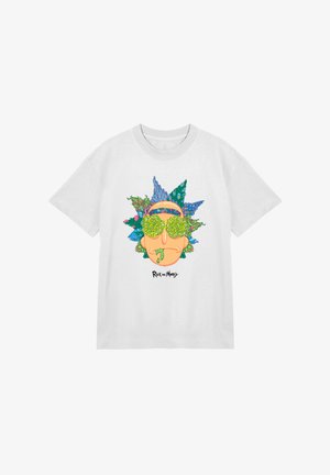 Weißes Baumwoll-T-Shirt mit einem bunten Grafikdesign eines Charakters mit großen grünen Sonnenbrillen, umgeben von lebhaften Pflanzen und Blumen.