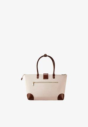 Canvas-Umhängetasche in hellbeige mit braunen Lederakzenten, ausgestattet mit zwei Tragegriffen, einem Reißverschluss und einer vorderen Reißverschlusstasche.