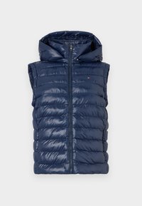 Navy blue puffer vest with a hood, featuring quilted padding, a front zipper, and a logo detail on the chest. Smooth, shiny texture.