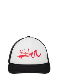Weißer Trucker-Cap mit einem schwarzen Schirm. Mit einem roten "Quiksilver"-Logo im Pinselstrich-Stil. Aus Stoff mit einem Netzrücken gefertigt.