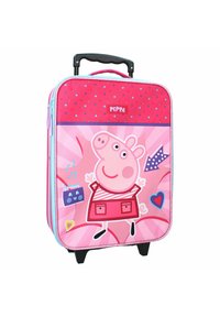 Vaaleanpunainen pyörällinen matkalaukku, jossa on Peppa Possu -kuva, eläväinen muotoilu, koristeelliset sydämet ja sininen vetoketju. Valmistettu kestävästä kankaasta, jossa on kovapohja.