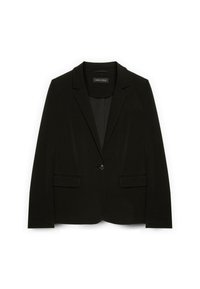 Černý blazer s přizpůsobeným střihem, jedním knoflíkem, s klopami a dvěma předními kapsami; vyrobený z hladkého materiálu.