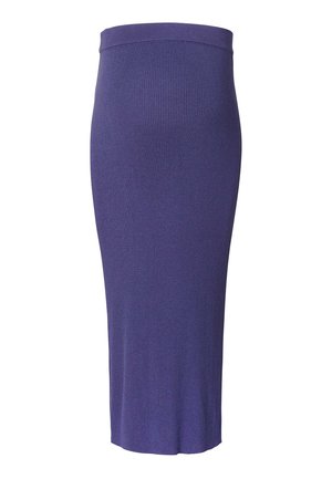 Knielange lila gerippte Strick-Bleistift-Rock mit einem breiten, elastischen Taillenbund, der eine enganliegende Silhouette und eine glatte Textur bietet.