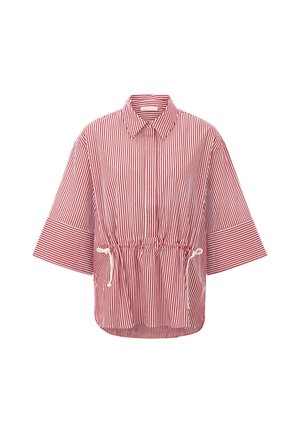 Camisa de manga corta a rayas rojas y blancas con cuello, cintura elástica y mangas anchas en contraste. Cuenta con bolsillos con cordones.