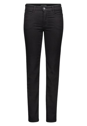 Czarne slim fit dżinsy wykonane z gładkiego, elastycznego materiału. Posiadają pięć kieszeni, metalowe zapięcie oraz subtelne detale ściegów.